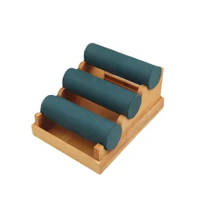 3-laags bamboe sieraden display standaard met afneembare donkergroene fluwelen rollen