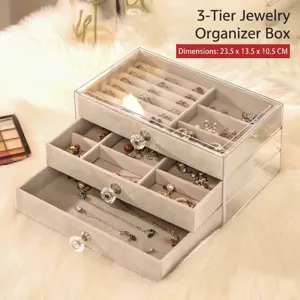 Detailed view of a three-layer clear acrylic jewelry box featuring grey velvet drawers.