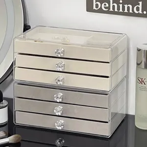 Detail of 3-layer acrylic velvet jewelry box with stacked drawer design for elegant storage.