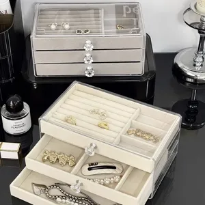 Detail of a 3-tier velvet jewelry box with acrylic drawers for rings and earrings