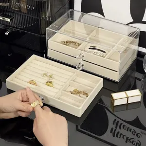 Detailed macro shot showing the soft velvet lining and acrylic drawer of the jewelry box.