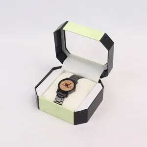 Caja de reloj hexagonal con ventana transparente y reloj de pulsera negro metal