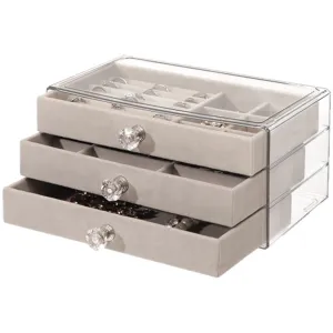 Three-layer acrylic jewelry organizer with grey velvet drawers for rings and earrings