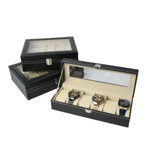 Premium black faux leather watch storage box with clear display window