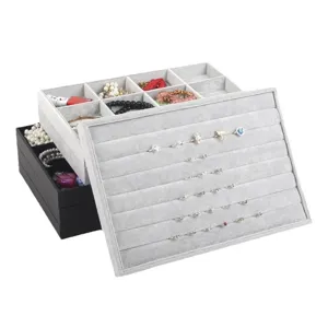 Stapelbare grijze fluwelen sieraden organizer trays voor ringen en kettingen display