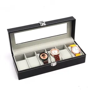Elegant 6-slot black PU leather watch display box with clear glass lid and soft pillows