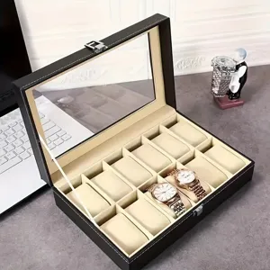 Scatola per Orologi in Pelle PU Vetrina per Gioielli con Finestra in Vetro Chiusura in Metallo Vassoio Organizzatore Nera