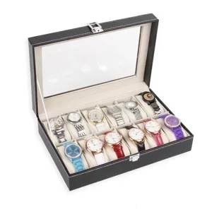 Scatola porta orologi a 12 slot in pelle PU nera con coperchio trasparente