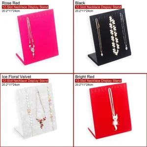 Premium L-shaped velvet jewelry display stand with 12 hooks in four vibrant colors