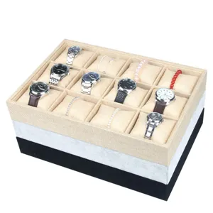 Luxe fluwelen en linnen horloge display tray met 12 vakken en kussens in drie kleuren