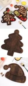 Wooden Christmas tree and hat shaped divided serving plates for party fruit and dessert display.