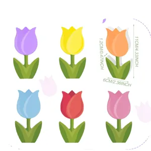 Detailed view of multi-color tulip ornaments with clear size dimensions for home decor.