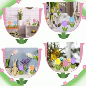 Wooden tulip table centerpieces and tiered tray decorations for spring party and Mother's Day.