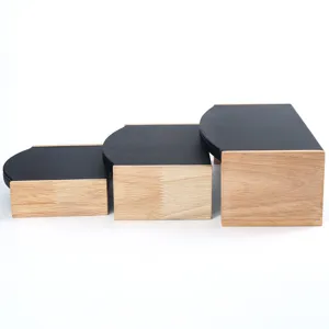 Three-piece tiered solid wood jewelry display stand set with black leather tops for necklaces