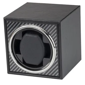 Single automatic watch winder with black carbon fiber finish and silver trim details
