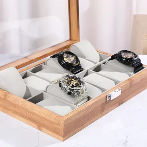 Hochwertige Uhrenbox aus Bambusholz mit 10 Fächern und eleganter Palisander-Maserung