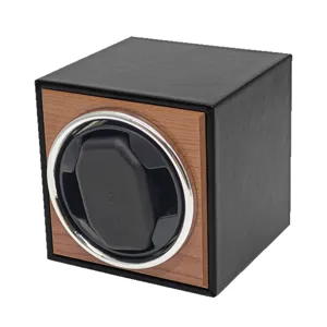 Single automatic watch winder box with black leather and walnut wood grain finish for watches.
