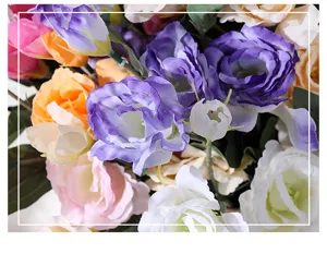 Detailed view of artificial eustoma silk flowers bouquet for home wedding decoration and floral art.