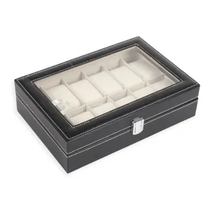 Elegante scatola porta orologi in pelle PU nera con 10 scomparti e finestra in vetro