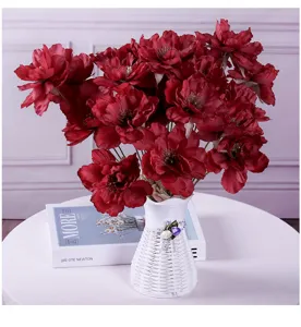 9-head artificial peony silk flowers bouquet with white vase for home wedding party decor.
