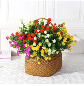 Artificial flower potted plant set with woven basket, colorful plastic floral home decor.