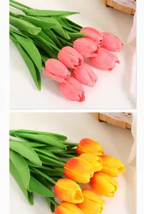 Details of mini PU artificial tulip bouquets in pink and orange colors for home decor.