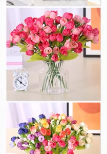 Artificial rose flower bouquet with glass vase for home decor and floral arrangements.