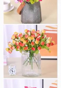Close-up details of artificial rose flower bouquet with glass vase for home decor setup.