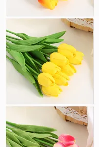 Close-up view of artificial PU tulip flower details, vibrant yellow and pink petal textures.