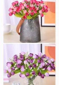Artificial 15-head rose flower bouquet with glass vase fake floral arrangement decor.