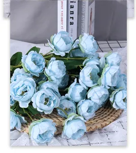 Artificial blue peony flower bouquet for home wedding decoration, 6 heads silk floral.