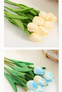 Close-up details of artificial PU tulip flowers, soft petals and natural green stems.
