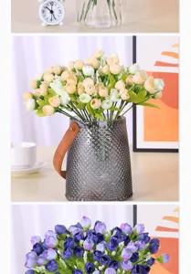 Artificial rose flower bouquet with glass vase for home decor, beautiful faux floral arrangement.