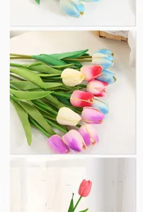 Detailed view of artificial PU tulip bouquets with vibrant gradient colors, realistic green stems.