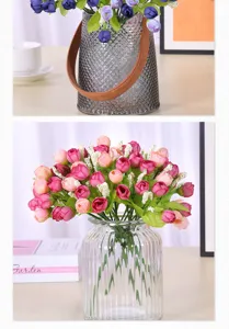 Detailed view of artificial rose flower bouquet in glass vase, elegant home decor.