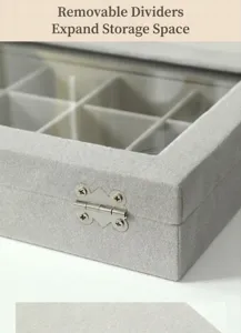 Boîte à bijoux en velours gris avec couvercle en verre, organisateur pour colliers et bagues.