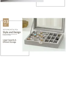Boîte de rangement à bijoux en velours gris avec couvercle en verre et compartiments.