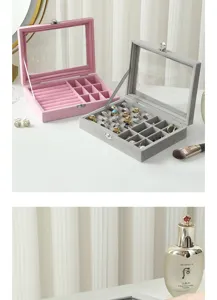 Boîte à bijoux en velours avec couvercle en verre transparent pour ranger bagues et boucles