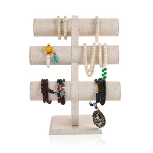 Professional 3-tier linen jewelry display stand for organizing bracelets and necklaces