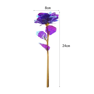 Gold foil artificial rose flower with colorful petals and stem, perfect gift for Valentine Day.