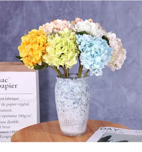 Artificial hydrangea flower bouquet with ceramic vase for home decor, wedding, party table.