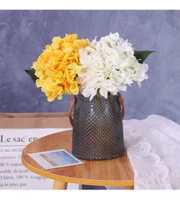 Artificial Hydrangea Flowers Silk Flower Bouquet in Textured Glass Vase Home Decor