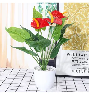 Artificial Anthurium Plant 12 Heads Fake Red Flowers in White Pot Home Hotel Decor