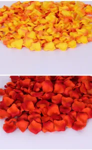 Artificial rose petals closeup showing vibrant yellow orange and red fabric flower decor details.