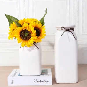 Jarrón de Flores de Cerámica Blanca Nórdica Moderno Minimalista de Mesa Jarrón de Porcelana Decorativo con Lazo de Cuerda de Cáñamo