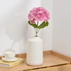 Artificial pink hydrangea flower in white ceramic vase faux floral wedding home decor