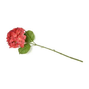 Artificial hydrangea flower detail shot showing red bloom stem for wedding decor.