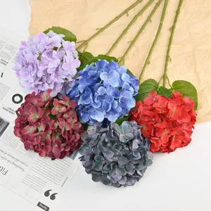 Artificial hydrangea flowers for wedding decoration, silk floral heads with long stems for decor.