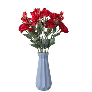 Artificial lisianthus flower bouquet with blue vase home wedding decor red faux silk floral