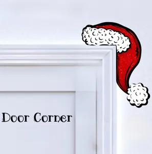 Wooden Christmas Santa hat door corner decoration detail view, festive home decor ornament